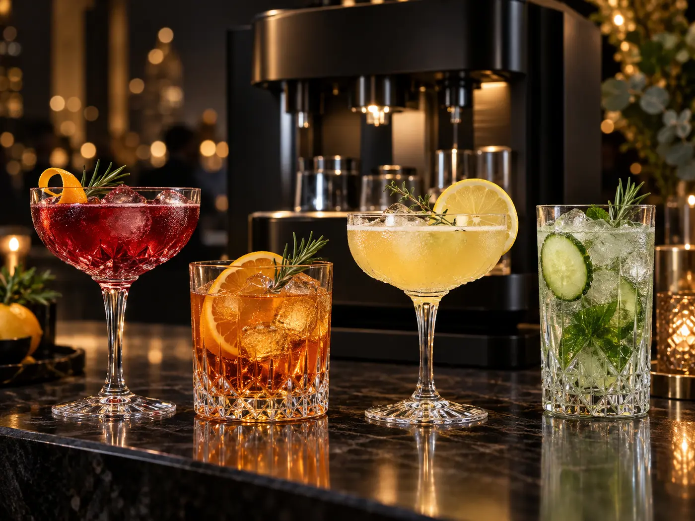 Vier verschiedene Cocktails vor einer modernen Cocktailmaschine